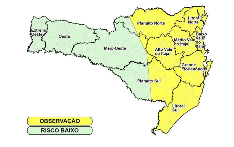 Mapa mostra regiões em alerta em Santa Catarina