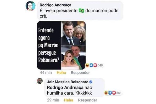 Perfil de Bolsonaro respondeu à mensagem em alusão à primeira-dama francesa Perfil de Bolsonaro respondeu à mensagem em alusão à primeira-dama francesa