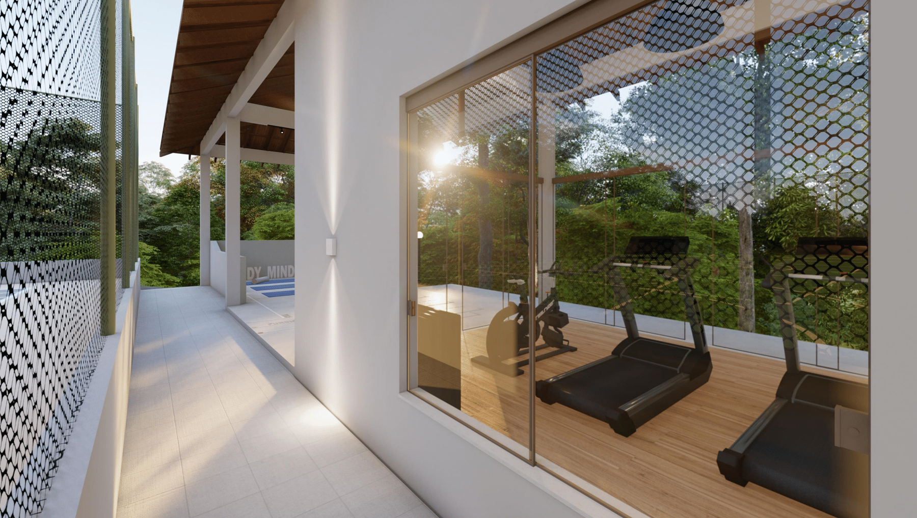 Academia em meio a natureza, com espaço para yoga e treino funcional