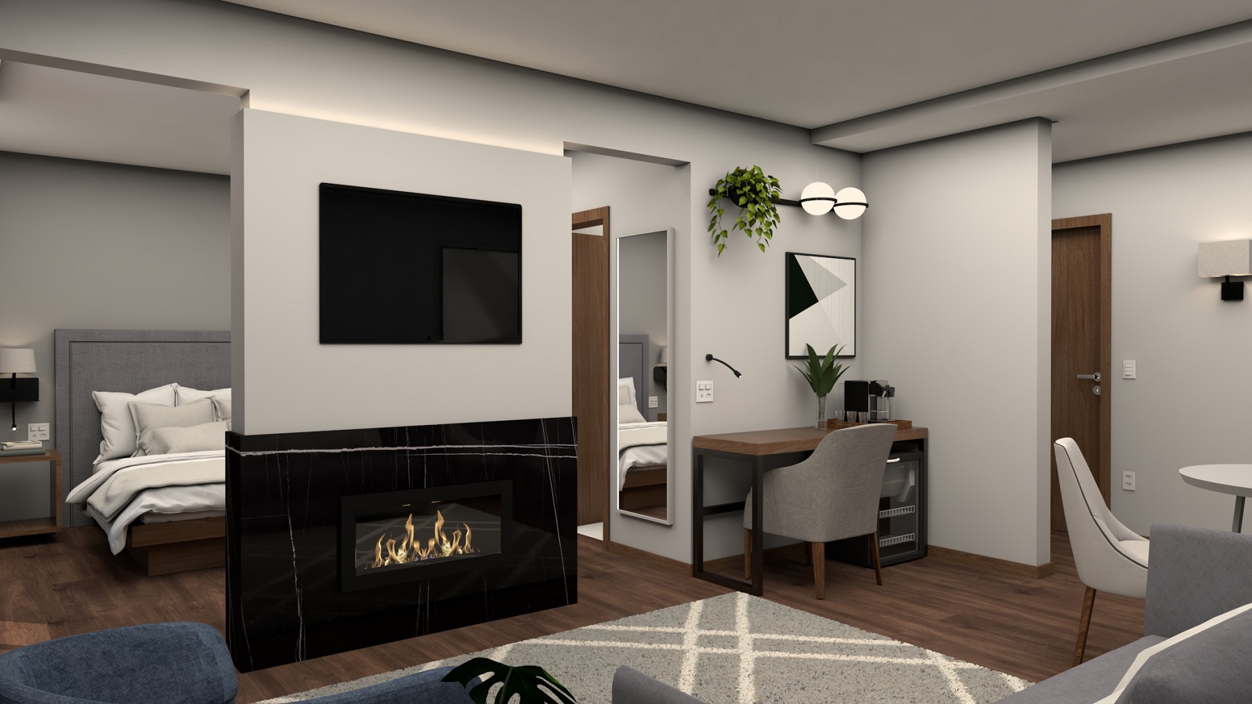 Projeto das suítes do Hotel, com banheira de imersão e lareira Hotel Monthez Brusque turismo