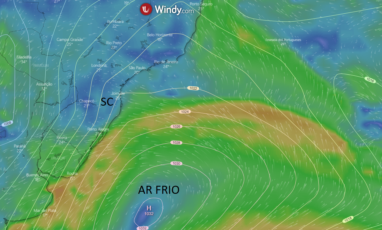 Posição do ar frio sobre o Mar que
