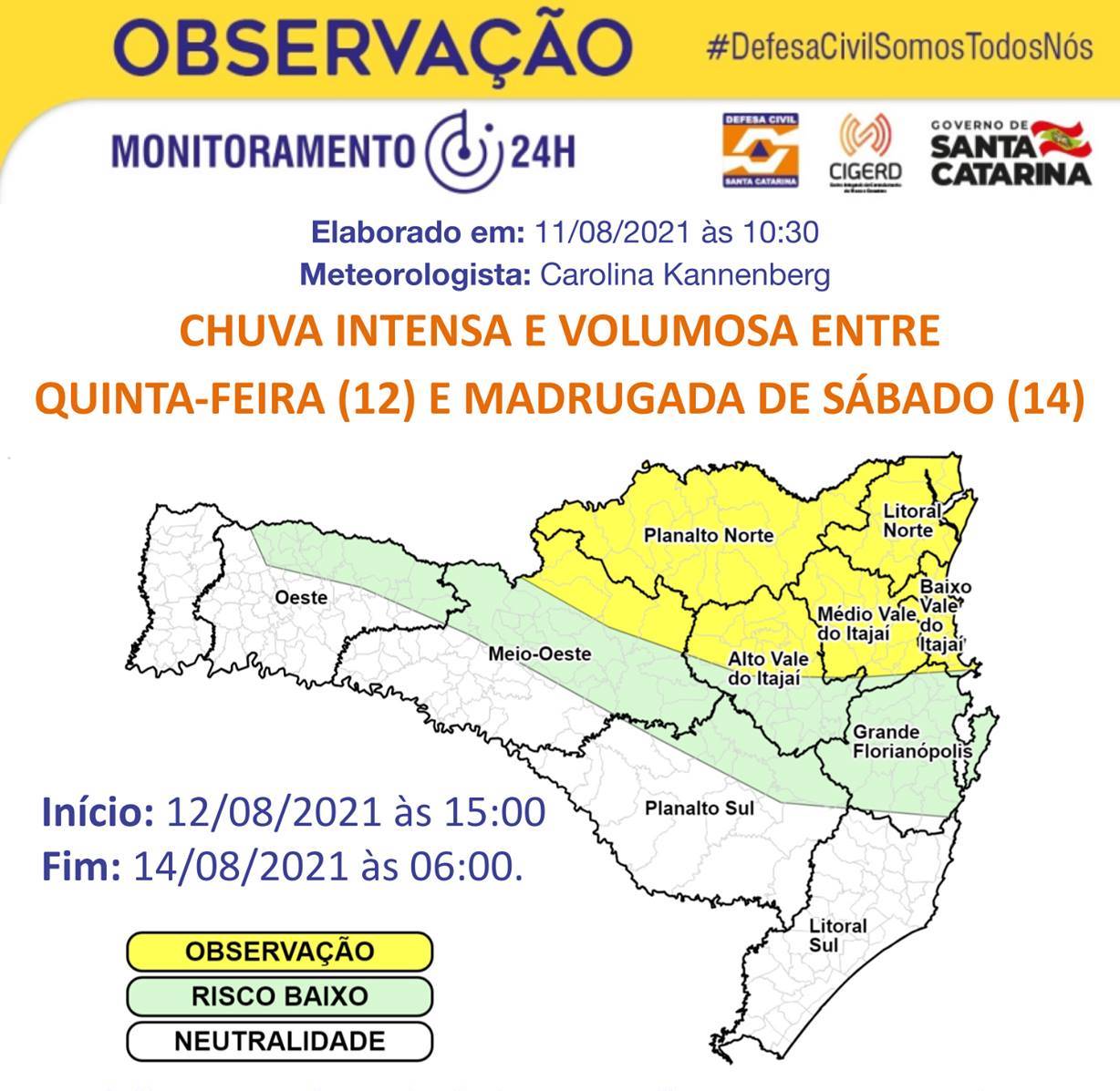 Aviso da Defesa Civil aponta áreas com maior risco de chuva intensa e alagamentos entre quinta e sábado Aviso da Defesa Civil aponta áreas com maior risco de chuva intensa e alagamentos entre quinta e sábado