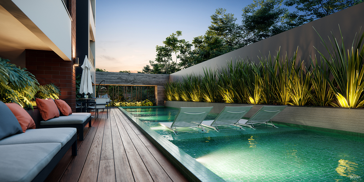 Piscina e espaço de lazer do empreendimento Hacasa