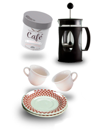 Kit Café Prensa Francesa da Hora Digital, com entrega para todo estado Pote de Café, cafeteira do tipo Prensa Francesa, xícaras e píres da Oxford da Hora Digital