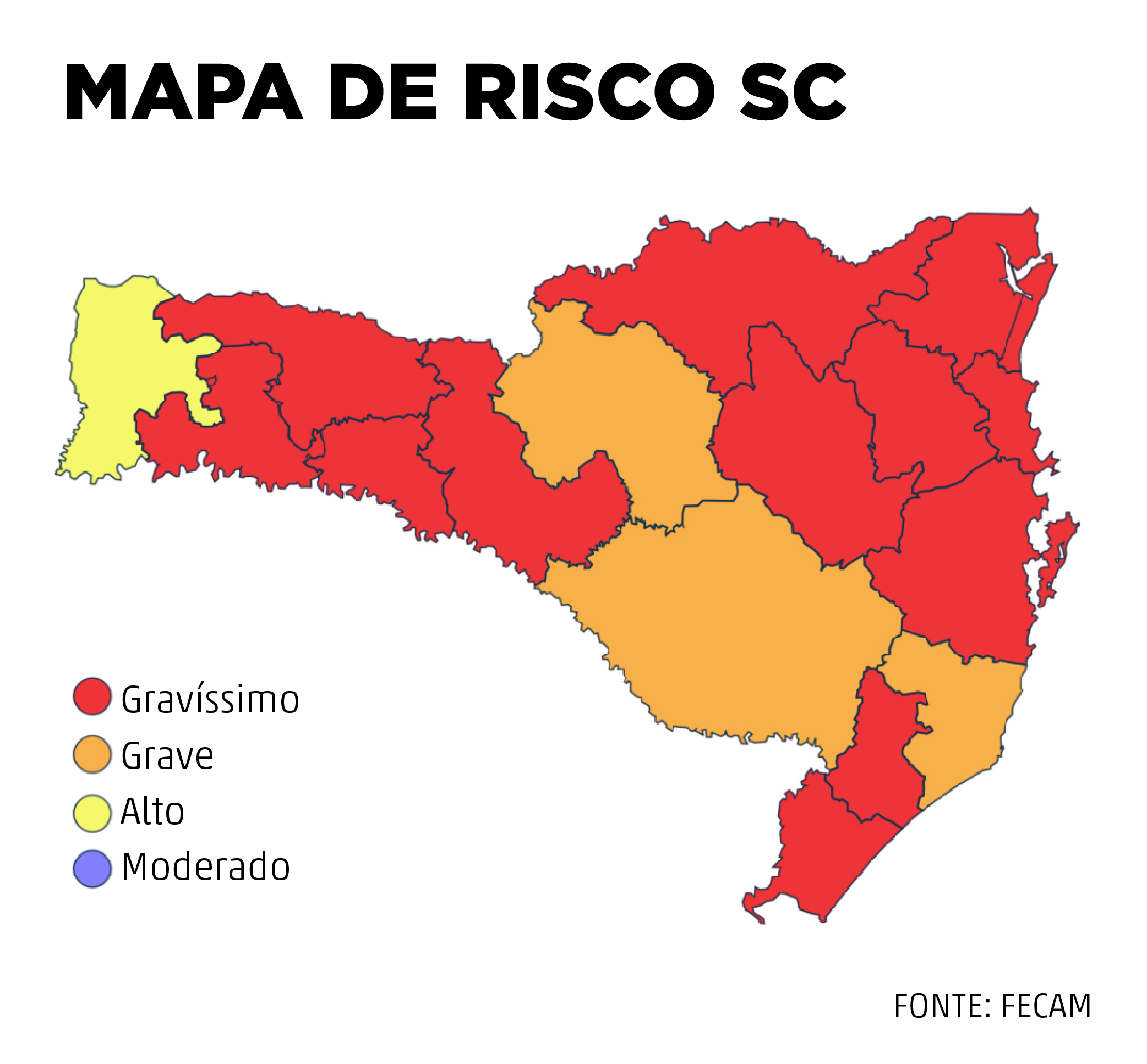 Mapa mostra regiões com classificação de risco gravíssima em SC Mapa mostra regiões com classificação de risco gravíssima em SC
