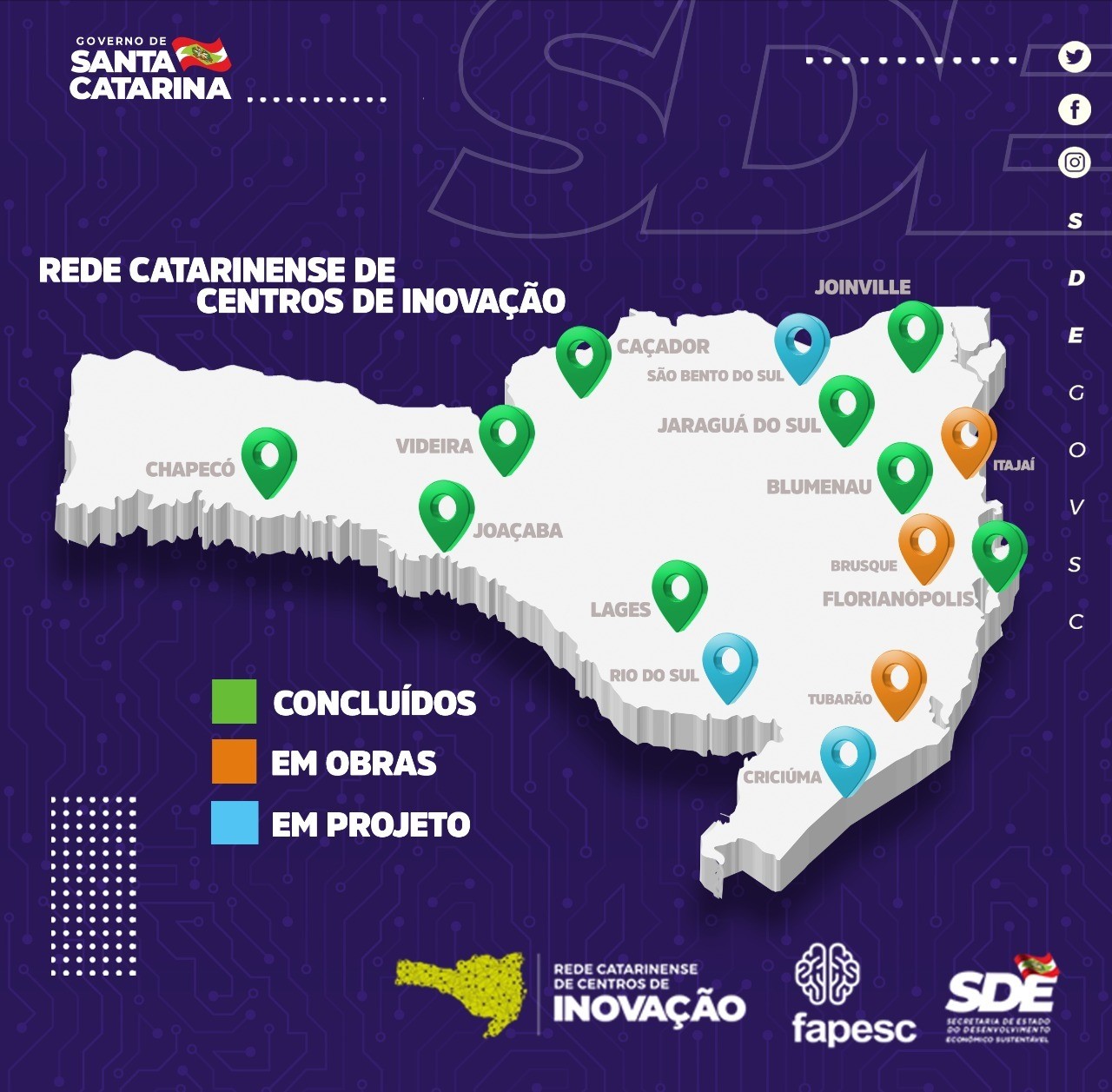 Mapa mostra as fases dos 15 centros de inovação de SC