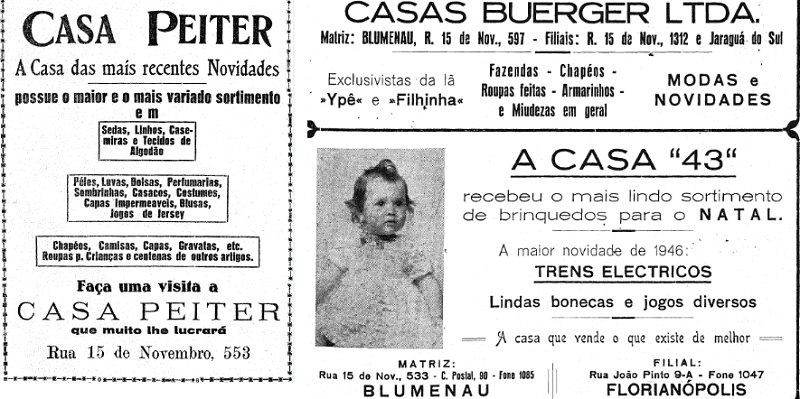 Casas de Comércio de Blumenau usavam jornais da época para anunciar novidades e a diversidade de produtos, muitos deles fabricados por indústrias locais Casas de Comércio de Blumenau usavam jornais da época para anunciar novidades e a diversidade de produtos, muitos deles fabricados por indústrias locais