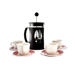 Kit Café Prensa Francesa com 9 peças da Hora Digital, com entrega para todo estado Cafeteira de Prensa Francesa, quatro xícaras e quatro píres da Hora Digital