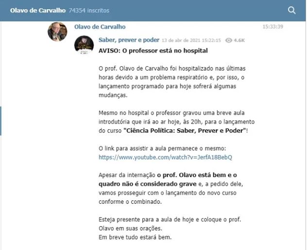 Comunicado sobre a saúde de Olavo Comunicado sobre a saúde de Olavo de Carvalho