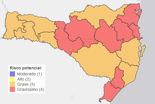 Decreto afeta as regiões em vermelho no mapa Mapa de risco covid sc