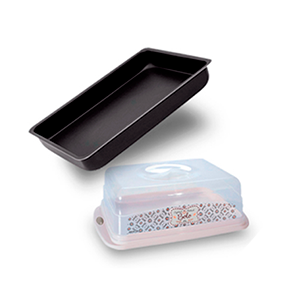 Kit Bolo com Forma Antiaderente mais Boleira da Hora Digital, com entrega para todo estado Forma retangular antiaderente e boleira de plástico da Hora Digital