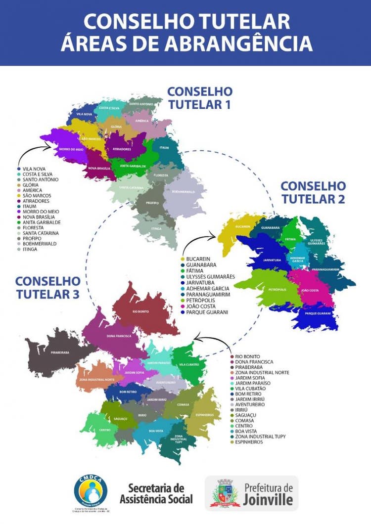 Mapa mostra onde atuam cada Conselho Tutelar de Joinville imagem mostra mapa com indicações de onde atua cada conselho