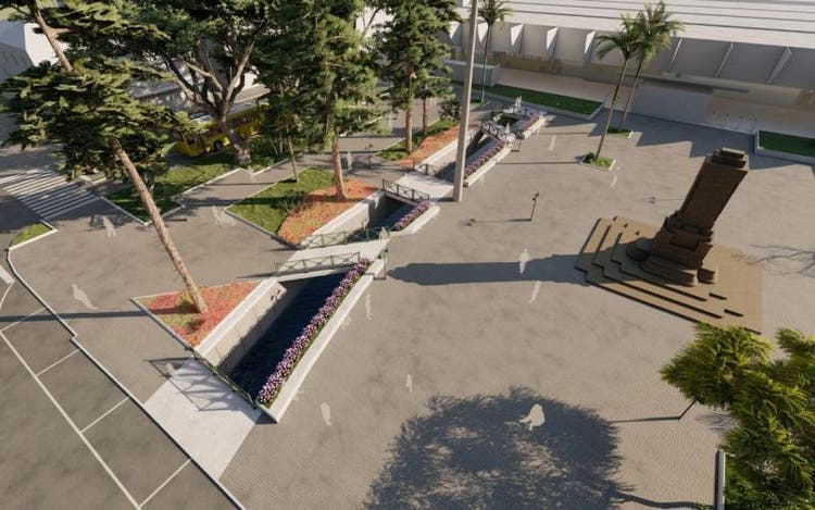 Primeira versão do projeto para a praça previa outro modelo de passarelas Primeira versão do projeto para a praça previa outro modelo de passarelas