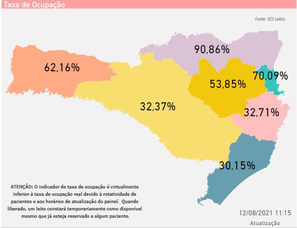Mapa mostra a taxa de ocupação dos leitos de UTI Covid SUS destinados aos adultos em SC Mapa mostra a taxa de ocupação dos leitos de UTI Covid SUS destinados aos adultos em SC