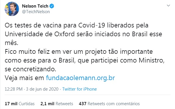 Ex-ministro comemorou no Twitter Reprodução de post de Nelson Teich
