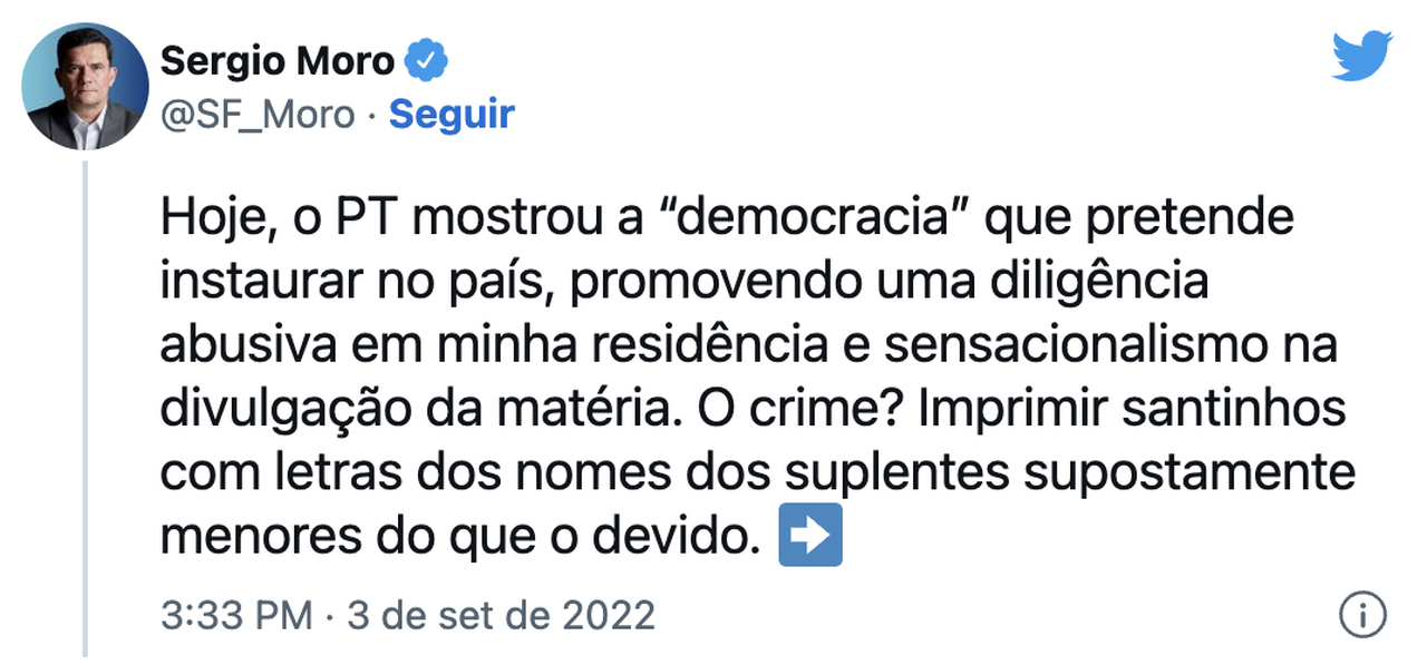 Sergio Moro (União Brasil) usou seu Twitter, neste sábado (3), para criticar diligências em sua casa Sergio Moro (União Brasil) usou seu Twitter, neste sábado (3), para criticar diligências em sua casa